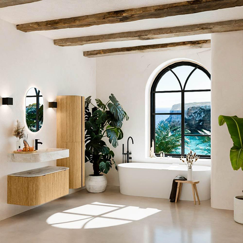 MONDIAZ THOR-DLUX 100cm badmeubel ronding links + rechts kleur Oak met 1 lade en 2 deuren. Vrijhangende wastafel CLOUD Rechts 1 kraangat kleur Frappe. SW1467305