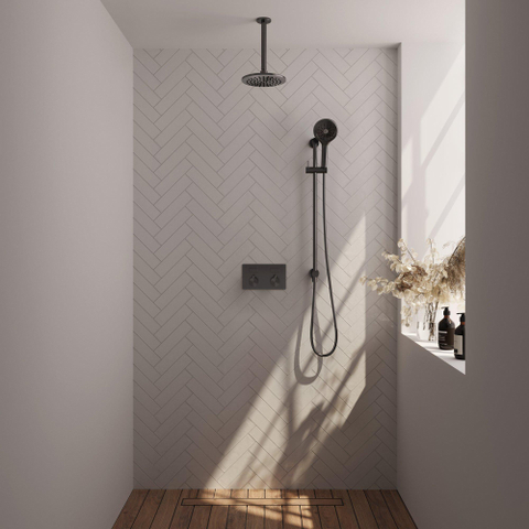 BRAUER gunmetal Edition Douche de pluie thermostatique encastrée - boutons-poussoirs - SET 71 - douche de tête 20 cm - bras de plafond - douchette 3 jets - flexible de douche - barre de douche intégrée - gunmetal brossé PVD SW925737