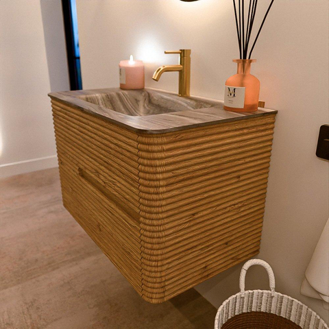Mondiaz CIRO-DLUX Badkamermeubelset - 80x45x50cm - Solid surface wastafel Sombra - 1 wasbak Midden - 1 kraangat - 2 lades - Oak SW1533789