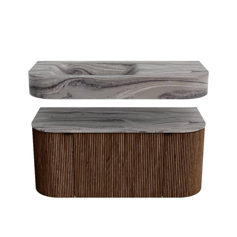 MONDIAZ THOR-DLUX 100cm meuble de salle de bains arrondi gauche + droite couleur Walnut avec 1 tiroir et 2 portes. Vasque suspendue CLOUD Gauche 1 trou de robinet couleur Sombra. SW1467727