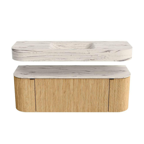 MONDIAZ THOR-DLUX 130cm badmeubel ronding links + rechts kleur Oak met 1 lade en 2 deuren. Vrijhangende wastafel CLOUD Midden zonder kraangat kleur Nata. SW1463829