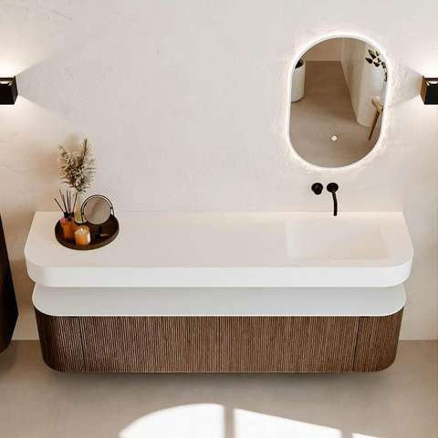 MONDIAZ THOR 190cm badmeubel ronding links + rechts kleur Walnut met 2 lades en 2 deuren. Vrijhangende wastafel CLOUD Rechts zonder kraangat kleur Talc. SW1466396