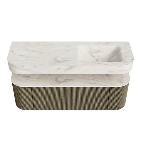 MONDIAZ THOR-DLUX 140cm meuble de salle de bains arrondi gauche + droite couleur Shadow avec 1 tiroir et 2 portes. Vasque suspendue CLOUD Droite 1 trou de robinet couleur Ostra. SW1464477