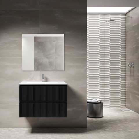 Saniclass Prime Blend Meuble de salle de bain - 80x55x46cm - 1 vasque ovale en céramique blanc - 1 trou de robinet - 2 tiroirs - miroir rectangulaire - noir mat SW917064