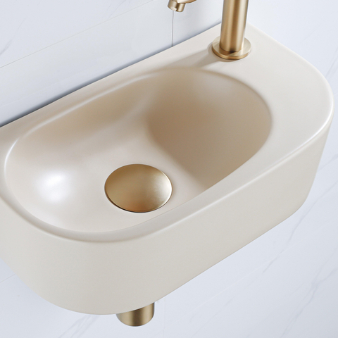 QeramiQ Fuente fonteinset – halfrond – 40x21.5x12 cm – kraangat rechts – geborsteld gouden kraan SW1232824