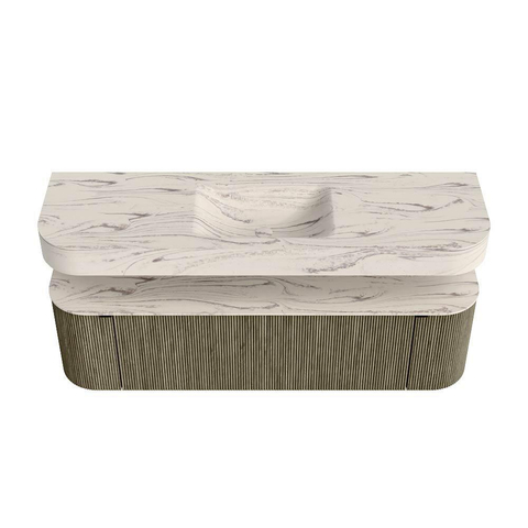 MONDIAZ THOR-DLUX 160cm meuble de salle de bains arrondi gauche + droite couleur Shadow avec 1 tiroir et 2 portes. Vasque suspendue CLOUD Milieu 1 trou de robinet couleur Nata. SW1465284