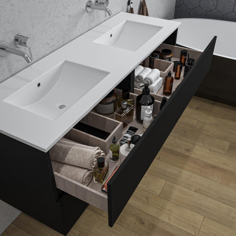 Saniclass Chaci Meuble de salle de bain - 140x46x55cm - 4 tiroirs - lavabo en céramique blanc - 2 vasques - sans trous de robinet - noir mat SW1171453