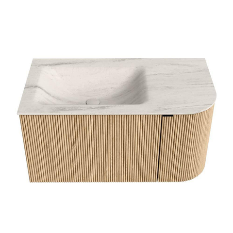 MONDIAZ KURVE-DLUX 85cm badmeubel ronding Rechts kleur Oak met 1 lade en 1 deur. Wastafel CLOUD Links 1 kraangat Meli. SW1431566