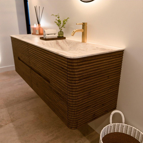Mondiaz CIRO-DLUX Badkamermeubelset - 150x45x50cm - Solid surface wastafel Frappe - 1 wasbak Rechts - 1 kraangat - 4 lades - Dusk SW1532828