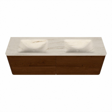 Mondiaz CIRO-DLUX Meuble de salle de bains - 160x45x50cm - plan vasque solid surface Meli - 2 vasques double - sans trous de robinetterie - 4 tiroirs - Ruby SW1531807