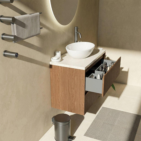 Saniclass Holz Atelier Badkamermeubelset - 80x45x63cm - Travertine natuurstenen topblad - 1 kraangat - 2 lades - mat walnut pure (hout) SW1478849