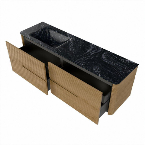 Mondiaz CIRO-DLUX Meuble de salle de bains - 160x45x50cm - Plan vasque solid surface Lava - 1 lavabo à gauche - 1 trou de robinet - 4 tiroirs - Chêne SW1530963