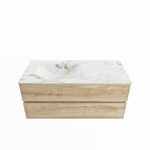 VICA-DLUX 110 cm en finition Chêne Lavé (Washed Oak), avec 2 tiroirs. Vasque encastrée CLOUD à gauche, 1 trou pour robinet, coloris Frappe. SW901631