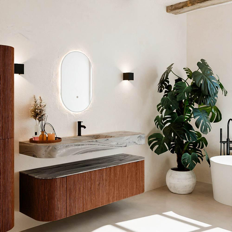 MONDIAZ THOR-DLUX 150cm meuble de salle de bains arrondi gauche + droite couleur Ruby avec 1 tiroir et 2 portes. Vasque suspendue CLOUD Milieu 1 trou de robinet couleur Sombra. SW1464920