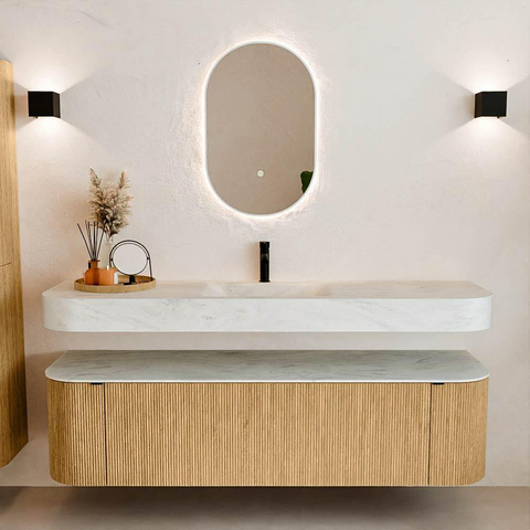 MONDIAZ THOR-DLUX Meuble de salle de bains 170cm arrondi gauche + droite couleur Oak avec 1 tiroir et 2 portes. Vasque suspendue CLOUD Milieu 1 trou de robinet couleur Opalo. SW1465431