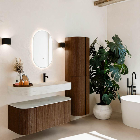 MONDIAZ THOR-DLUX 110cm badmeubel ronding links + rechts kleur Walnut met 1 lade en 2 deuren. Vrijhangende wastafel CLOUD Rechts 1 kraangat kleur Opalo. SW1462801