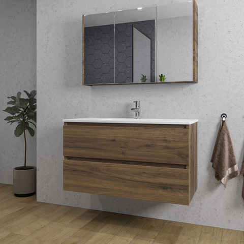 Saniclass Chaci Meuble de salle de bain - 100x46x55cm - lavabo en céramique blanc - 1 vasque - 1 trou de robinet - 2 tiroirs - armoire miroir - noyer (hout) SW826915