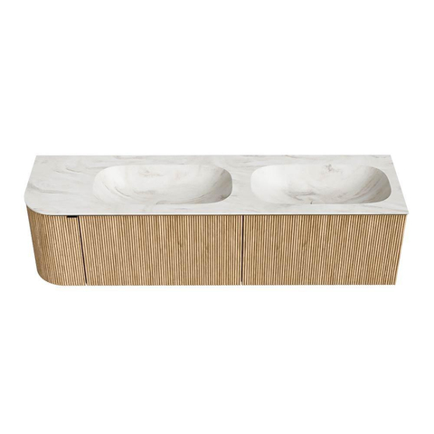 MONDIAZ KURVE-DLUX meuble de salle de bains 165 cm avec module 25 L couleur Oak avec 2 tiroirs et 1 porte. Lavabo STOR SMALL double / à droite sans trou de robinet couleur Ostra. SW1137798