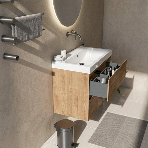 Saniclass Holz Pure Badkamermeubelset - 80x45x67.5cm - Wave keramische wastafel - 1 wasbak - zonder kraangat - 2 lades - mat eiken natural (hout) SW1479022