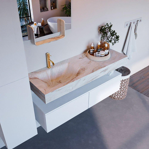 Mondiaz ALAN-DLUX Ensemble de meuble - 130cm - meuble Talc mat - 2 tiroirs - Lavabo Cloud Frappe suspendu - vasque Gauche - 1 trou de robinet SW804911
