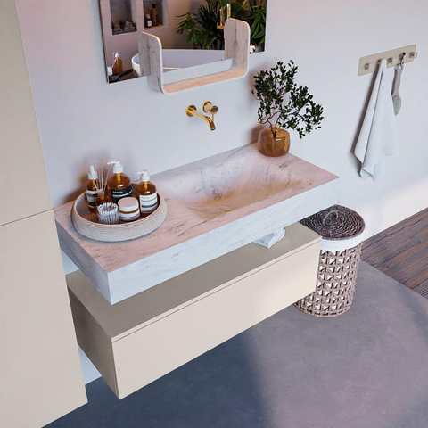 Mondiaz ALAN-DLUX Ensemble de meuble - 100cm - meuble Linen mat - 1 tiroir - Lavabo Cloud Opalo suspendu - vasque Droite - 0 trous de robinet SW806472