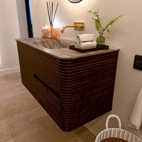 Mondiaz CIRO-DLUX Badkamermeubelset - 100x45x50cm - Solid surface wastafel Sombra - 1 wasbak Midden - zonder kraangaten - 2 lades - Walnut SW1530752