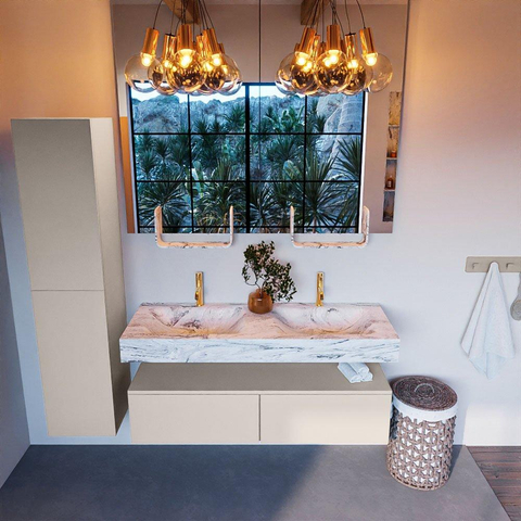 Mondiaz ALAN-DLUX Ensemble de meuble - 130cm - meuble Linen mat - 2 tiroirs - Lavabo Cloud Glace suspendu - vasque Gauche et droite - 2 trous de robinet SW805936