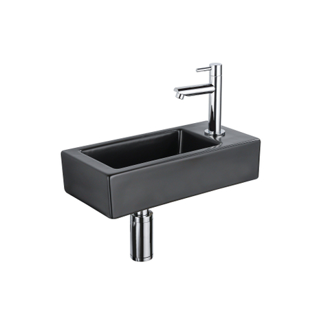 QeramiQ Fuente pack lave-mains – 37,5 x 18,5 x 9 cm – céramique noir mat – perçage à droite – robinet chromé SW1232723