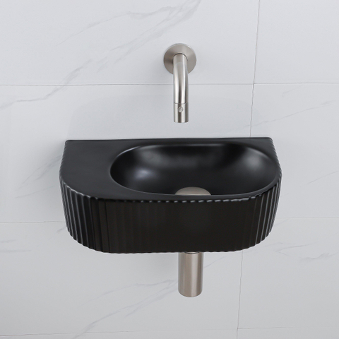 QeramiQ Fuente Ensemble de Lavabo - 40x21.5x12cm - strié - demi-rond - céramique - ensemble de robinet en acier inoxydable brossé - bouchon de vidange - siphon réduit - noir mat SW1233104