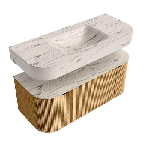 MONDIAZ THOR-DLUX 110cm badmeubel ronding links + rechts kleur Oak met 1 lade en 2 deuren. Vrijhangende wastafel CLOUD Midden zonder kraangat kleur Nata. SW1462968