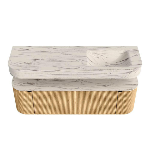 MONDIAZ THOR-DLUX 150cm badmeubel ronding links + rechts kleur Oak met 1 lade en 2 deuren. Vrijhangende wastafel CLOUD Rechts 1 kraangat kleur Nata. SW1464799