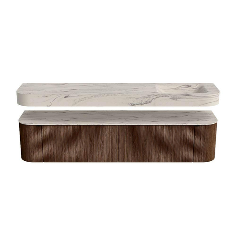 MONDIAZ THOR-DLUX 200cm meuble de salle de bains arrondi gauche + droite couleur Walnut avec 2 tiroirs et 2 portes. Vasque suspendue CLOUD Droite 1 trou de robinet couleur Nata. SW1467151