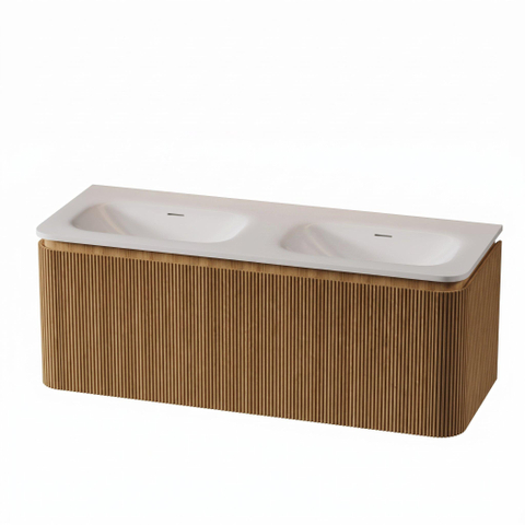Royal Plaza Terra Edge Badkamermeubelset - 120x44.7x46cm - solid surface wastafel wit mat - 2 wasbakken - zonder kraangaten - 2 lades - sandwood (licht eiken) SW1471918