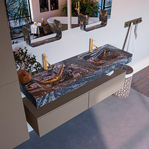 Mondiaz ALAN-DLUX Ensemble de meuble - 150cm - meuble Smoke mat - 2 tiroirs - Lavabo Cloud Lava suspendu - vasque gauche et droite - 2 trous de robinet SW807970