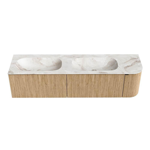 MONDIAZ KURVE-DLUX Meuble de salle de bains 175cm avec module 25 R couleur Oak avec 2 tiroirs et 1 porte. Plan-vasque STOR SMALL double / gauche 2 trous de robinet couleur Frappe. SW1137385