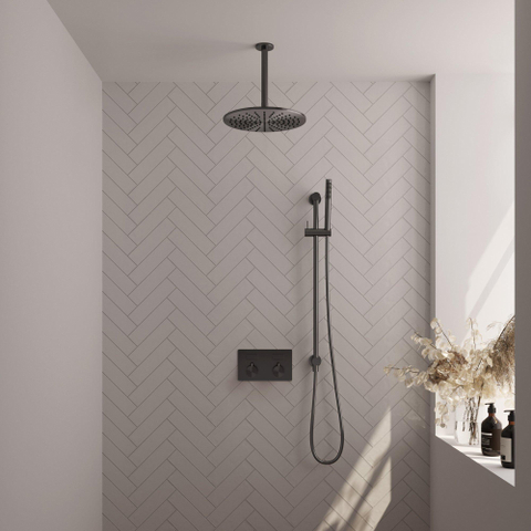 BRAUER gunmetal Edition Thermostatische Regendouche inbouw - drukknoppen - SET 66 - 30cm hoofddouche - plafondarm - staaf handdouche - doucheslang - geïntegreerde glijstang - gunmetal geborsteld PVD SW925729
