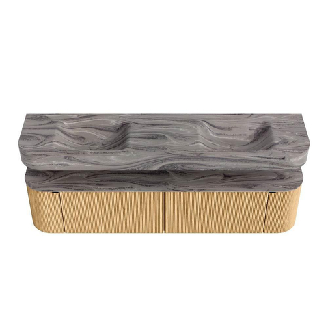 MONDIAZ THOR-DLUX Meuble de salle de bains 190cm arrondi gauche + droite couleur Oak avec 2 tiroirs et 2 portes. Vasque suspendue CLOUD Double 2 trous de robinet couleur Sombra. SW1466696