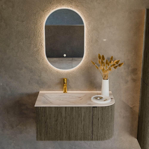 MONDIAZ KURVE-DLUX Meuble de salle de bains 85 cm arrondi à droite couleur Shadow avec 1 tiroir et 1 porte. Lavabo CLOUD à gauche 1 trou de robinet Nata. SW1432258
