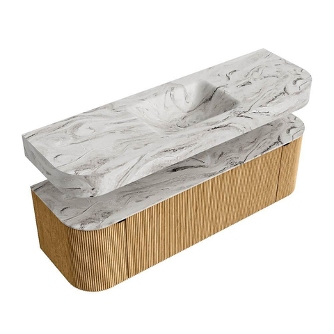 MONDIAZ THOR-DLUX 150cm badmeubel ronding links + rechts kleur Oak met 1 lade en 2 deuren. Vrijhangende wastafel CLOUD Midden zonder kraangat kleur Glace. SW1464641