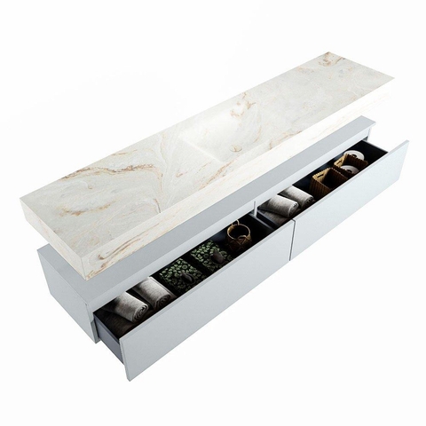 Mondiaz ALAN-DLUX Ensemble de meuble - 200cm - meuble Clay mat - 2 tiroirs - Lavabo Cloud Frappe suspendu - vasque Centre - 1 trou de robinet SW804849