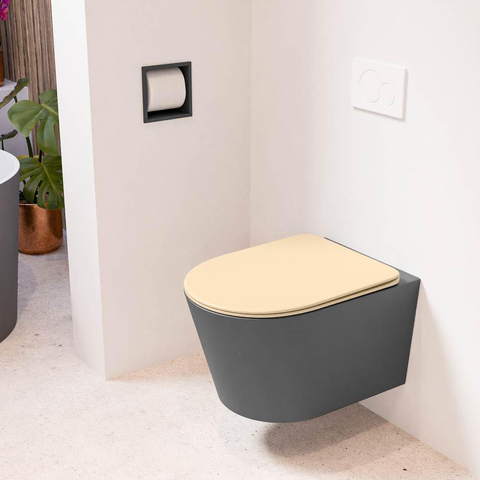 Mondiaz LAVIE hangtoilet – spoelrandloos – 36 x 53 cm – met softclose zitting – Dark grey (grijs), zitting Sand (beige) SW1208768