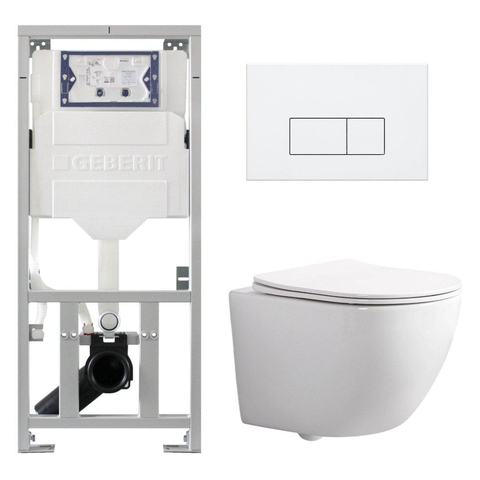 Pack WC QeramiQ Dely Swirl Compact - réservoir encastrable Geberit UP320 - avec bâti-support Burda - abattant slim - plaque de commande en plastique blanc brillant - boutons rectangulaires - blanc brillant SW1592279