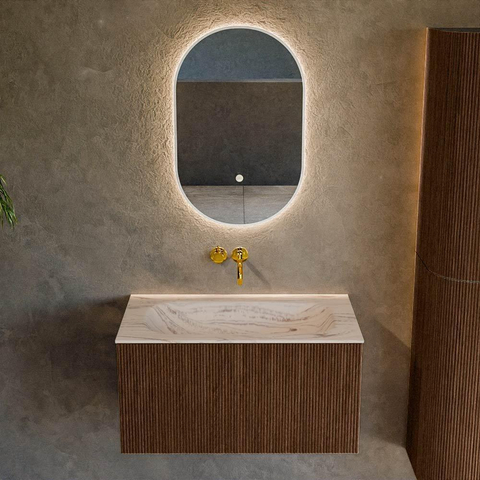 MONDIAZ KURVE-DLUX Meuble de salle de bains 80 cm couleur Walnut avec 1 tiroir et 0 porte. Lavabo BIG SMALL Central sans trou de robinet Nata. SW1432178