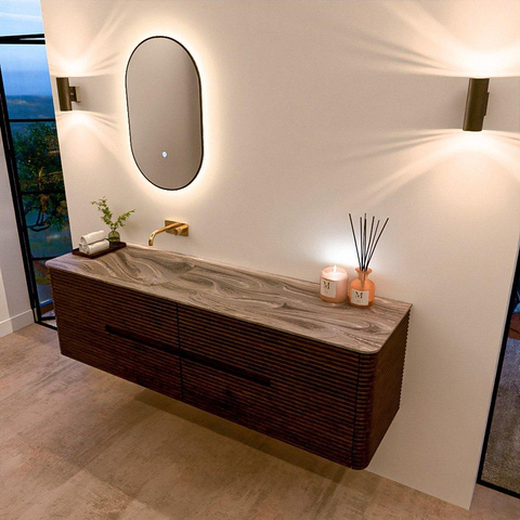 Mondiaz CIRO-DLUX Meuble de salle de bains - 170x45x50cm - Plan vasque solid surface Sombra - 1 lavabo à gauche - sans trous de robinet - 4 tiroirs - Noyer SW1530763