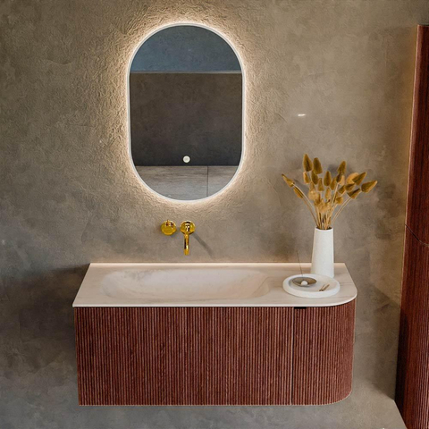 MONDIAZ KURVE-DLUX Meuble de salle de bains 105cm arrondi à droite couleur Ruby avec 1 tiroir et 1 porte. Lavabo BIG SMALL gauche sans trou de robinet Meli. SW1431984