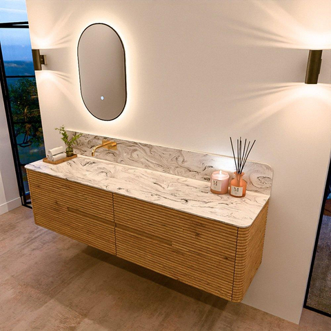 Mondiaz CIRO-DLUX Badkamermeubelset - 180x45x50cm - Solid surface wastafel Glace - 1 wasbak Links - zonder kraangaten - 4 lades - Oak SW1530861