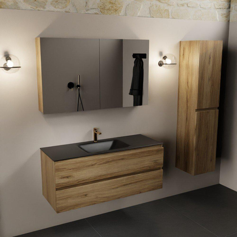 Mondiaz AIVY Ensemble de meuble - 120x45x50cm - 1 trou de robinet - 1 vasque Urban Solid surface - Centre - 2 tiroirs - avec armoire de toilette - Melamine Chai SW892147