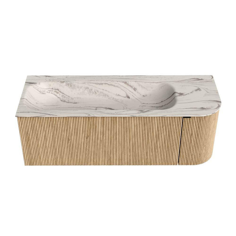 MONDIAZ KURVE-DLUX Meuble de salle de bains 125cm courbe droite couleur chêne avec 1 tiroir et 1 porte. Lavabo BIG MEDIUM gauche sans trou de robinet Nata. SW1432089