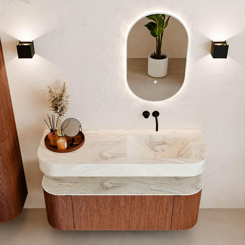 MONDIAZ THOR-DLUX 130cm meuble de salle de bains arrondi gauche + droite couleur Ruby avec 1 tiroir et 2 portes. Vasque suspendue CLOUD droite sans trou de robinet couleur Ostra. SW1463694