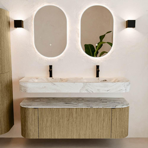 MONDIAZ THOR-DLUX Meuble de salle de bains 140cm arrondi gauche + droite couleur Dusk avec 1 tiroir et 2 portes. Vasque suspendue CLOUD Double 2 trous de robinet couleur Glace. SW1467663